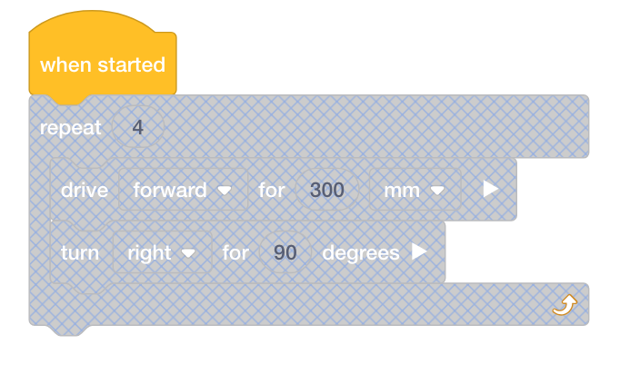 Captura de tela da interface do VEXcode VR mostrando o bloco 'Repetir' desabilitado, indicando que ele não pode ser usado no contexto de programação atual. Esta imagem oferece suporte a tutoriais para aprender conceitos de codificação com um robô virtual.