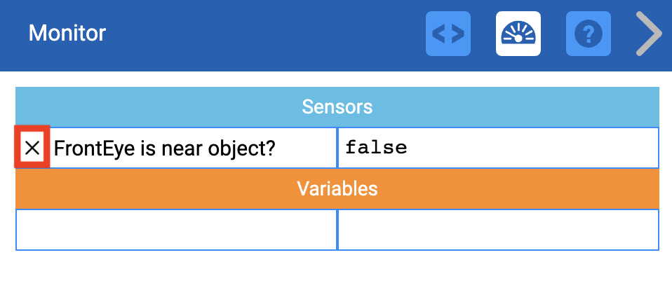 Consola do Monitor contendo a mesma tabela de antes. A segunda linha mostra agora um X, depois o texto 'FrontDistance found a object' e a coluna da direita mostra a palavra 'true'. Uma caixa de texto explicativo vermelha é mostrada no X.