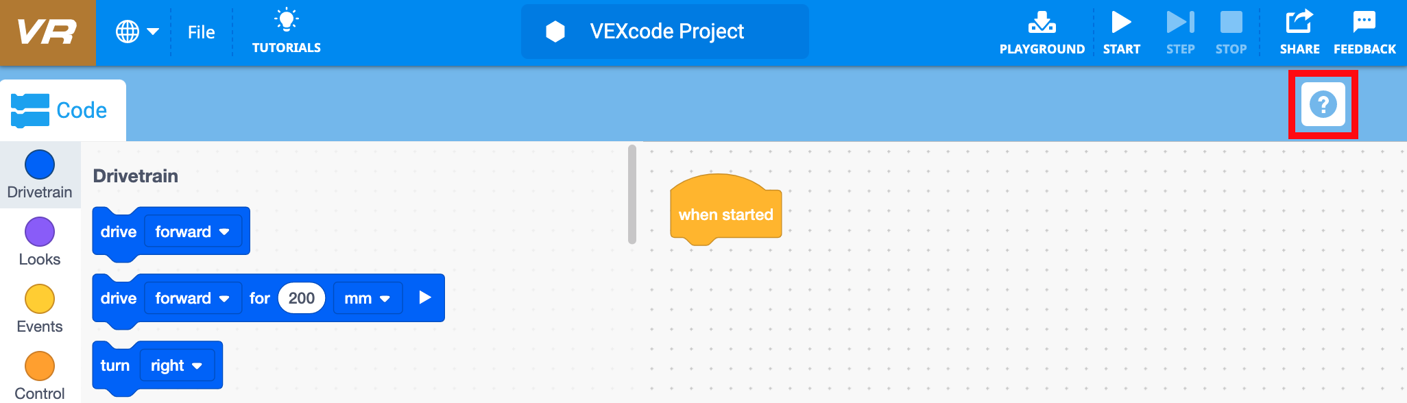 Icono de ayuda para VEXcode VR, un entorno de programación en línea para aprender conceptos de codificación a través de un robot virtual, presentado en la sección Ayuda del proyecto.