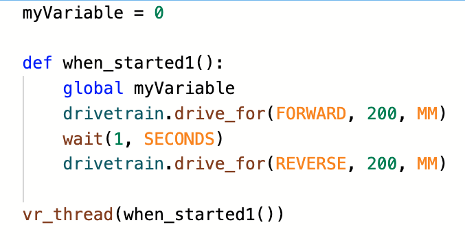 Screenshot van de VEXcode VR-zelfstudie waarin een op blokken gebaseerde coderingsinterface wordt getoond voor het programmeren van een virtuele robot. Hiermee worden coderingsconcepten geïllustreerd voor beginners en gevorderde gebruikers in een STEM-onderwijscontext.