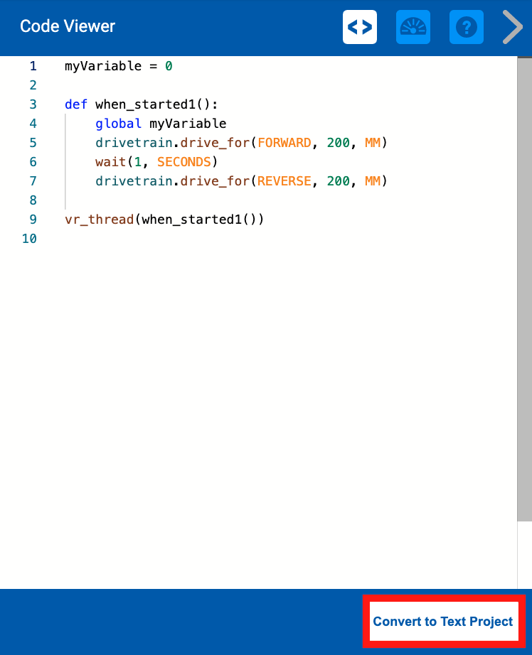 Captura de tela da interface do VEXcode VR mostrando o recurso "Converter em texto", ilustrando a transição da codificação baseada em blocos para a codificação baseada em texto para programar um robô virtual.
