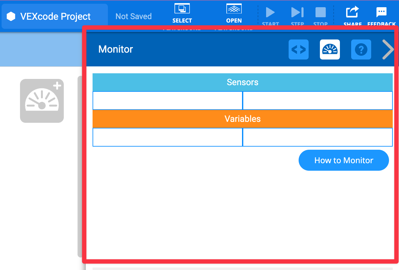 คอนโซลการตรวจสอบใน VEXcode VR คอนโซลประกอบด้วยตารางที่มี 2 คอลัมน์และ 4 แถว แถวแรกมีชื่อเรียกว่า เซ็นเซอร์ แถวที่สองว่างเปล่า แถวที่สามมีชื่อเรียกว่า ตัวแปร และแถวที่สี่ว่างเปล่า