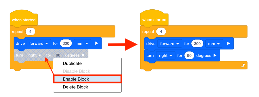 Diagramm, das den verschachtelten Blockkontext in VEXcode VR veranschaulicht, einer Online-Programmierumgebung zum Erlernen von Codierungskonzepten durch einen virtuellen Roboter mit block- und textbasierten Codierungsoptionen.