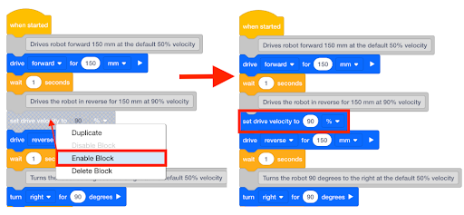 Screenshot del menu contestuale in VEXcode VR, che mostra le opzioni per la codifica e il controllo del robot, progettate per assistere gli utenti nella programmazione all'interno dell'ambiente virtuale.