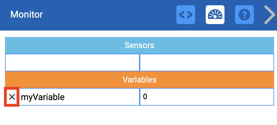 Monitora konsole, kurā ir tāda pati tabula kā iepriekš. Otrā rinda ir tukša. Ceturtajā rindā tagad ir redzams X, pēc tam teksts “myVariable”, un kolonna pa labi no tā parāda, ka mainīgā vērtība pašlaik ir 0. Uz X ir redzams sarkans norāžu lodziņš.