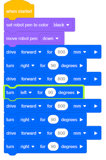 VEXcode VR ट्यूटोरियल से स्क्रीनशॉट जिसमें एक वर्चुअल रोबोट के साथ त्रुटि संदेश दिखाया गया है, जिसमें कोडिंग गलती और प्रोग्रामिंग वातावरण में उसका निवारण करने का तरीका दर्शाया गया है।