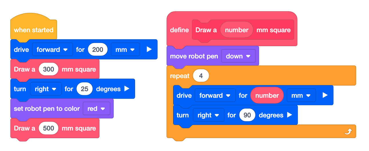 プログラミング環境でブロックベースのコーディングを使用して作成された 2 つの正方形を示す VEXcode VR チュートリアルのスクリーンショット。仮想ロボット シミュレーションの初心者向けにコーディングの概念を示しています。