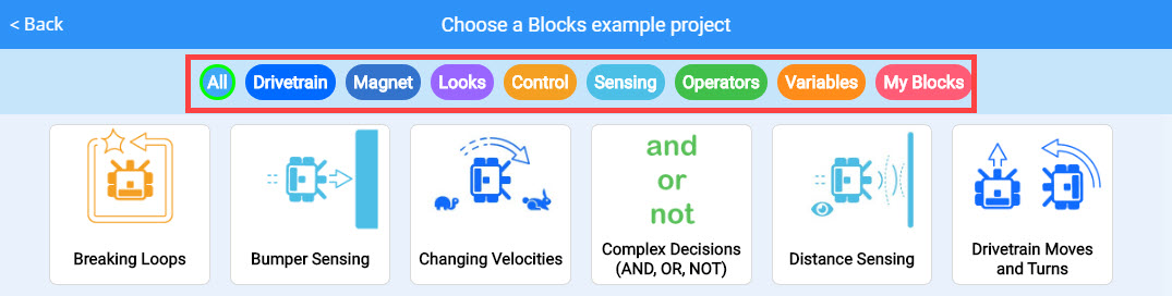 Capture d'écran de l'interface VEXcode VR présentant un environnement de codage basé sur des blocs pour la programmation d'un robot virtuel, illustrant des fonctionnalités pour les utilisateurs débutants et avancés dans un contexte de didacticiel.