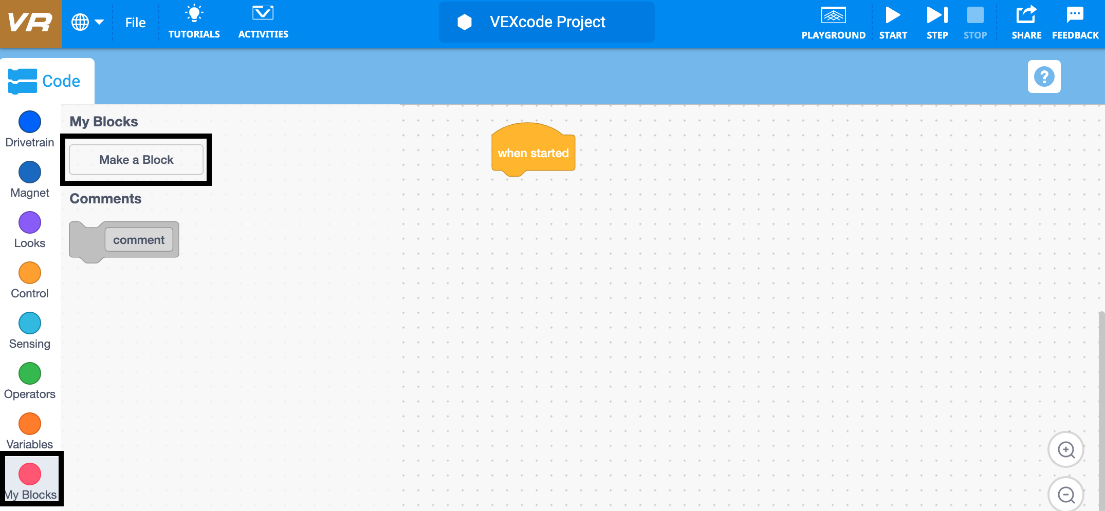 Snímek obrazovky rozhraní kategorie bloků VEXcode VR, představující různé programovací bloky dostupné uživatelům pro vytváření kódu ve virtuálním prostředí, které jsou navrženy tak, aby usnadnily učení konceptů kódování a principů robotiky.