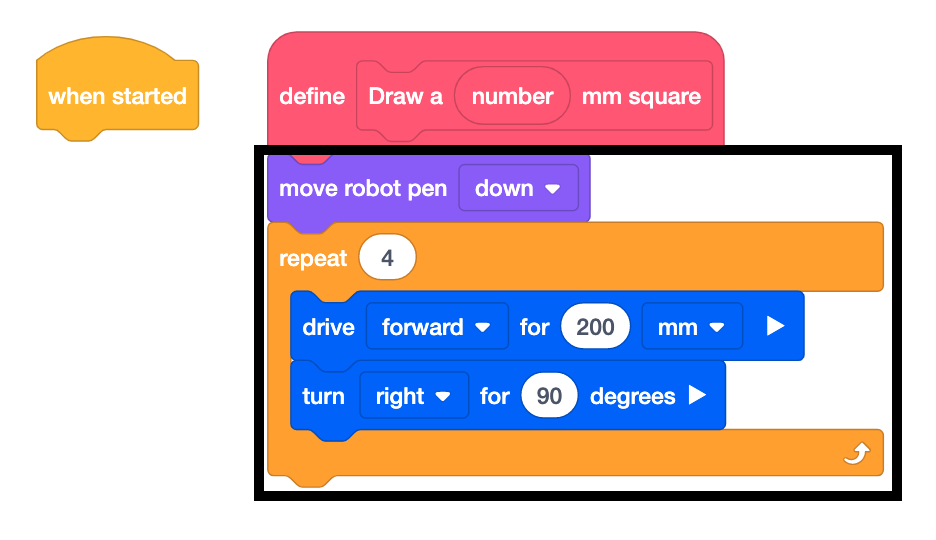Captura de pantalla de la interfaz VEXcode VR que muestra los bloques utilizados para definir las acciones de programación para un robot virtual, ilustrando el entorno de codificación basado en bloques diseñado con fines educativos en el aprendizaje STEM.