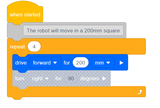 Imagen que muestra una notificación de 'bloqueo desactivado' en VEXcode VR, que indica que no se puede utilizar un bloque de codificación en el contexto actual, relevante para tutoriales sobre programación con robots virtuales.
