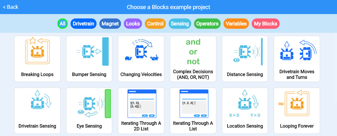 Capture d'écran d'une interface de didacticiel VEXcode VR, présentant l'environnement de codage basé sur des blocs avec divers blocs de codage et un robot virtuel, conçu pour aider les utilisateurs à apprendre les concepts de programmation dans un environnement simulé.
