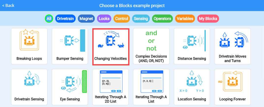 Capture d'écran de l'interface du didacticiel VEXcode VR présentant des éléments de codage basés sur des blocs et un robot virtuel, illustrant les concepts de codage pour l'éducation STEM.
