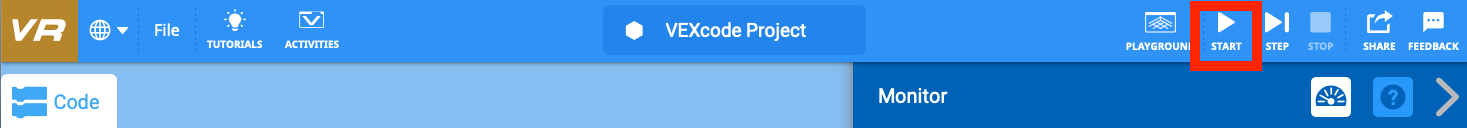 Скриншот интерфейса программирования VEXcode VR, демонстрирующий среду блочного программирования, предназначенную для изучения концепций программирования и принципов робототехники в виртуальной среде.