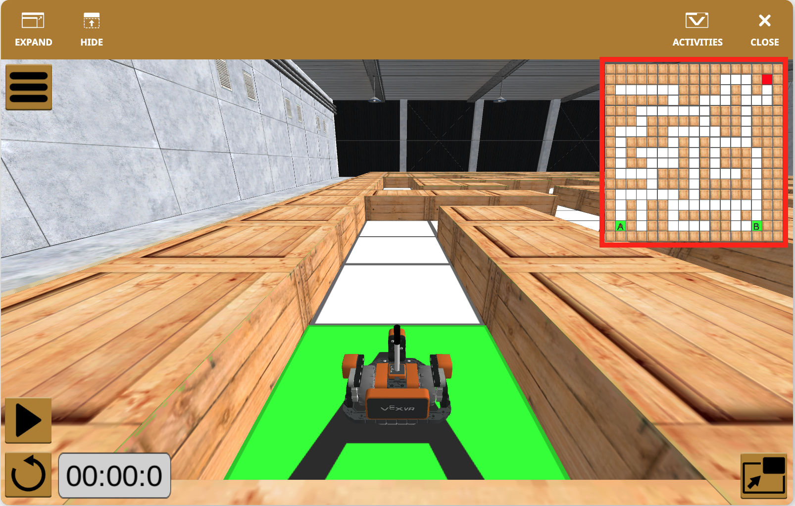 STEM öğreniminde eğitim amaçlı tasarlanmış özellikleri vurgulayan, sanal bir robotu programlamak için çeşitli kodlama bloklarını ve seçenekleri gösteren VEXcode VR oyun alanı arayüzünün ekran görüntüsü.