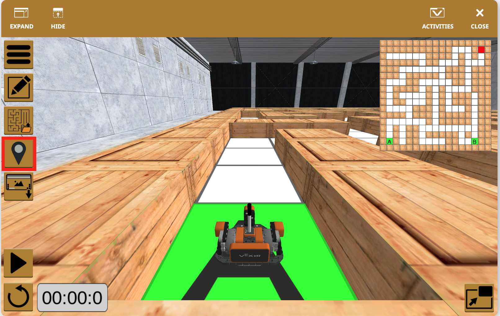 Képernyőkép a VEXcode VR játszótér interfészéről, amely különféle kódolási blokkokat és lehetőségeket mutat be egy virtuális robot programozására egy STEM tanulásra összpontosító oktatási környezetben.