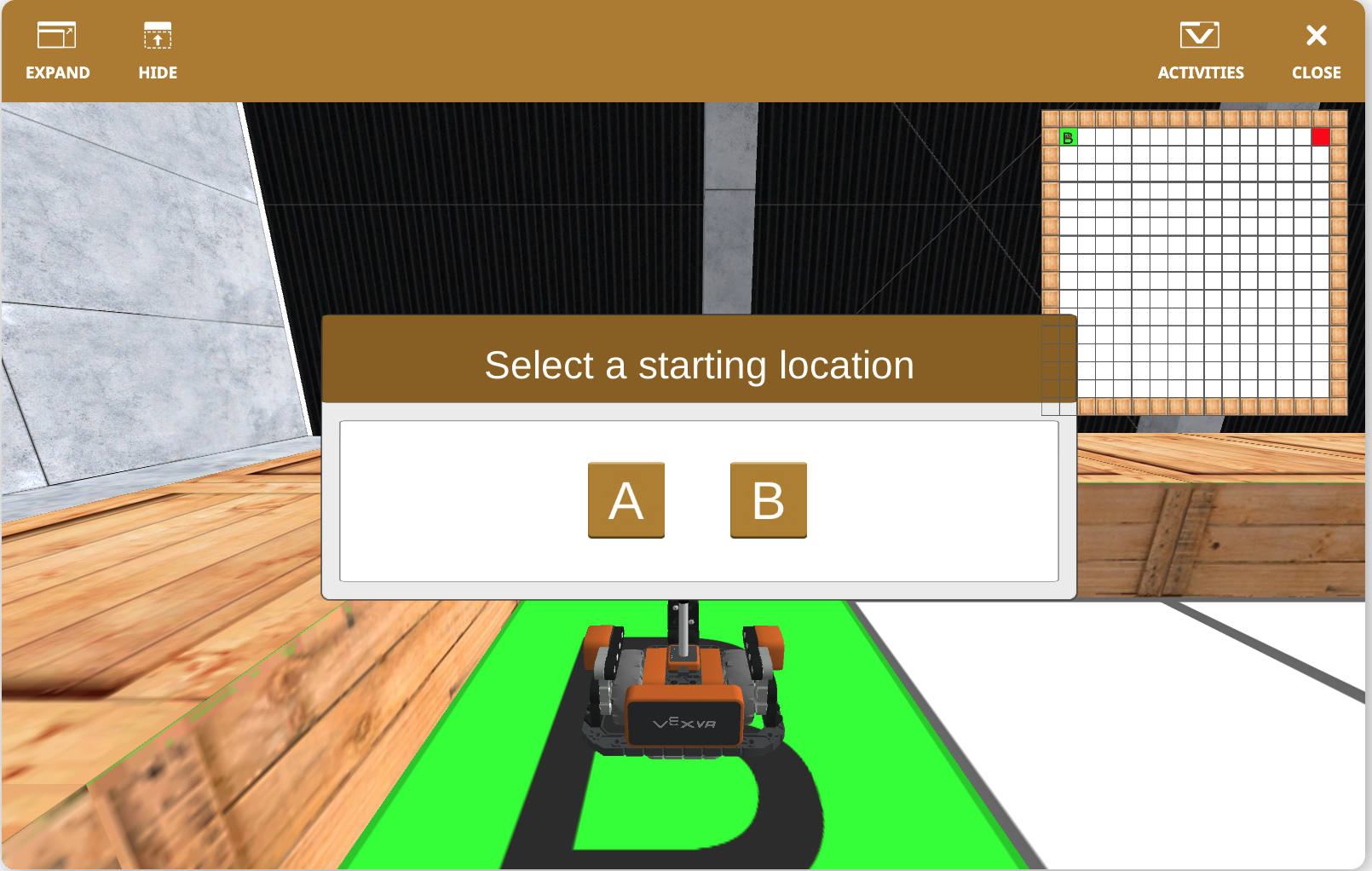 „VEXcode VR“ žaidimų aikštelės sąsajos ekrano kopija, kurioje demonstruojama blokų kodavimo aplinka ir įvairūs kodavimo įrankiai, kuriuos vartotojai gali programuoti virtualiam robotui, pabrėžiant funkcijas, kurios palaiko STEM ugdymą ir kodavimo koncepcijas.