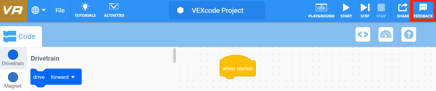VEXcode VR में फीडबैक विकल्पों को दर्शाने वाला स्क्रीनशॉट, एक वर्चुअल रोबोट का उपयोग करके अवधारणाओं को कोड करने के लिए एक ऑनलाइन प्रोग्रामिंग वातावरण है, जिसका उद्देश्य ट्यूटोरियल के माध्यम से STEM शिक्षा को बढ़ाना है।