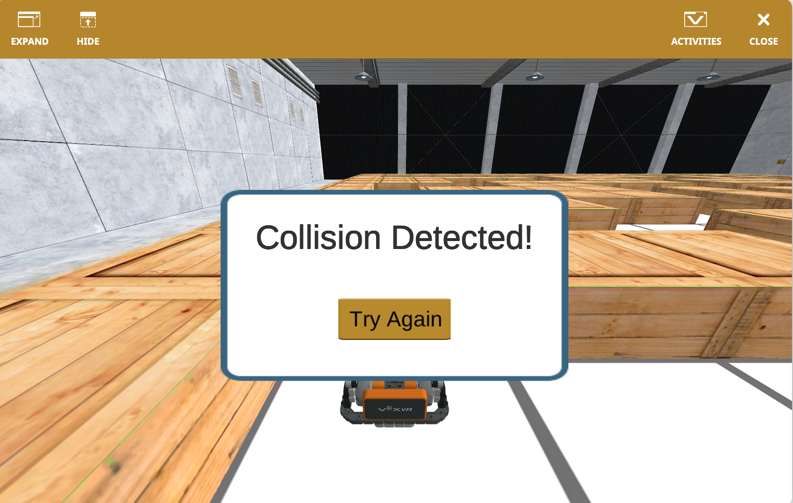 Screenshot der VEXcode VR-Schnittstelle, der die Playground-Funktionen zeigt, einschließlich einer blockbasierten Codierungsumgebung zum Programmieren eines virtuellen Roboters, die für Bildungszwecke im MINT-Lernen entwickelt wurde.