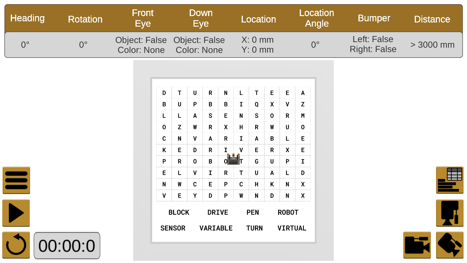 Tangkapan layar antarmuka proyek VEXcode VR, yang memamerkan lingkungan pengkodean berbasis blok untuk pemrograman robot virtual, mengilustrasikan fitur untuk pengguna pemula dan tingkat lanjut dalam konteks pendidikan STEM.
