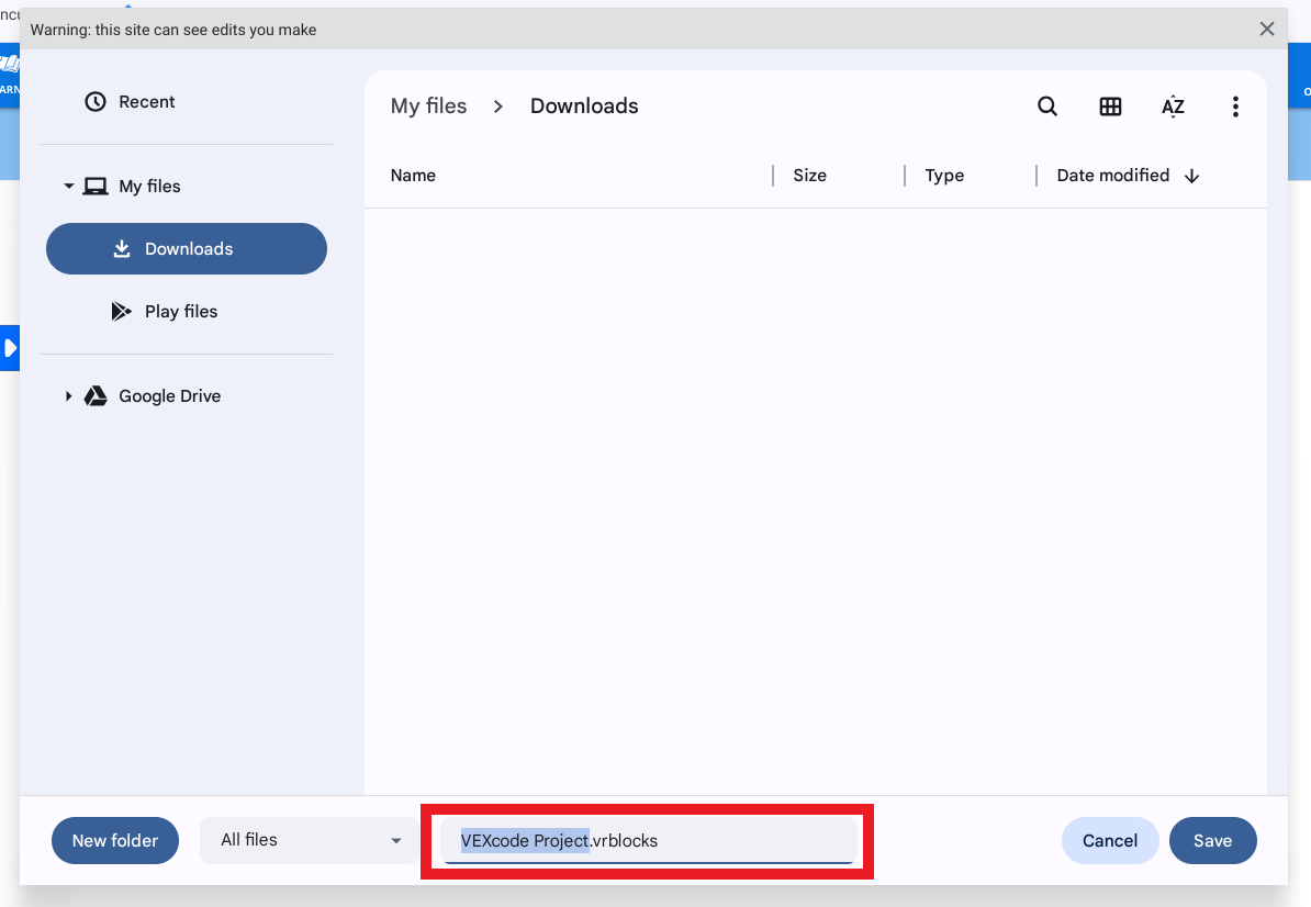 Screenshot dell'interfaccia VEXcode VR che mostra le funzionalità Carica e Salva, evidenziando le opzioni che consentono agli utenti di gestire efficacemente i propri progetti all'interno dell'ambiente di programmazione online.