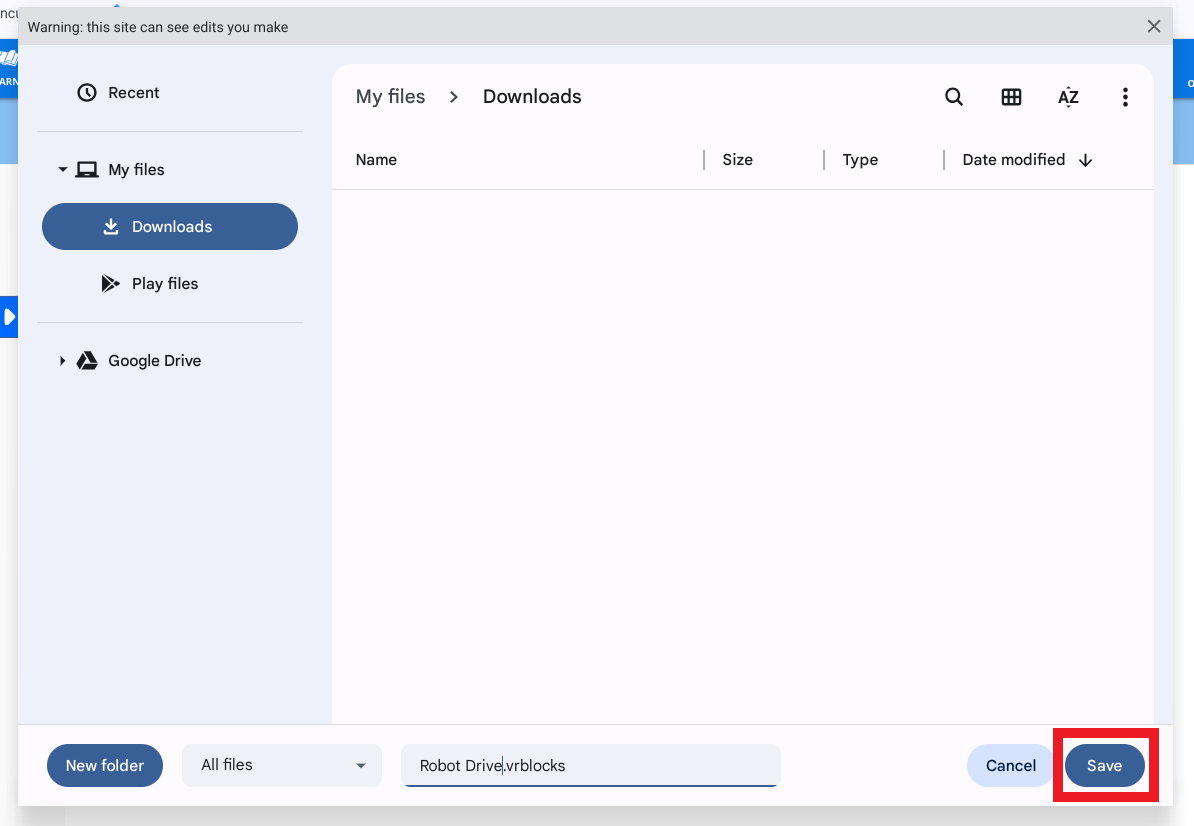 Screenshot dell'interfaccia VEXcode VR che mostra le funzionalità Carica e Salva, evidenziando le opzioni che consentono agli utenti di gestire i propri progetti di codifica all'interno dell'ambiente di programmazione virtuale.