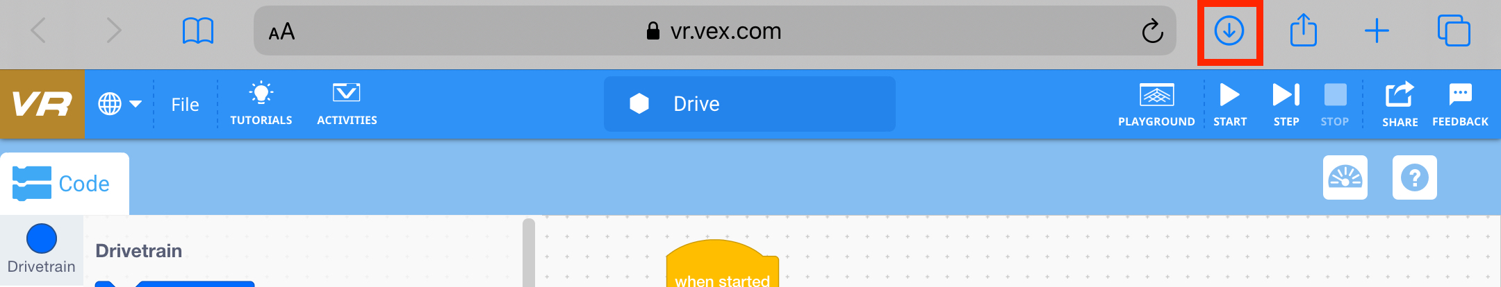 Captura de pantalla de la interfaz VEXcode VR que muestra las opciones Cargar y Guardar, presentando un entorno de codificación basado en bloques diseñado para aprender conceptos de codificación con un robot virtual.