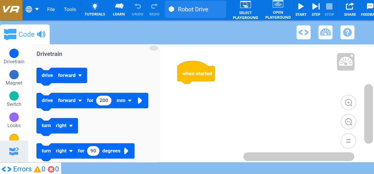 Captura de tela da interface do VEXcode VR mostrando a funcionalidade Carregar e Salvar, com opções para salvar projetos e carregar os existentes, projetada para aprimorar o ensino de codificação em um ambiente de robô virtual.