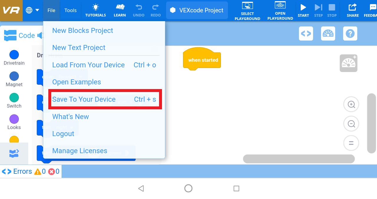 Captura de tela da interface do VEXcode VR mostrando a funcionalidade Carregar e Salvar, incluindo opções para carregar projetos e salvar trabalho, projetada para auxiliar os usuários no gerenciamento de seus projetos de codificação dentro do ambiente de programação virtual.