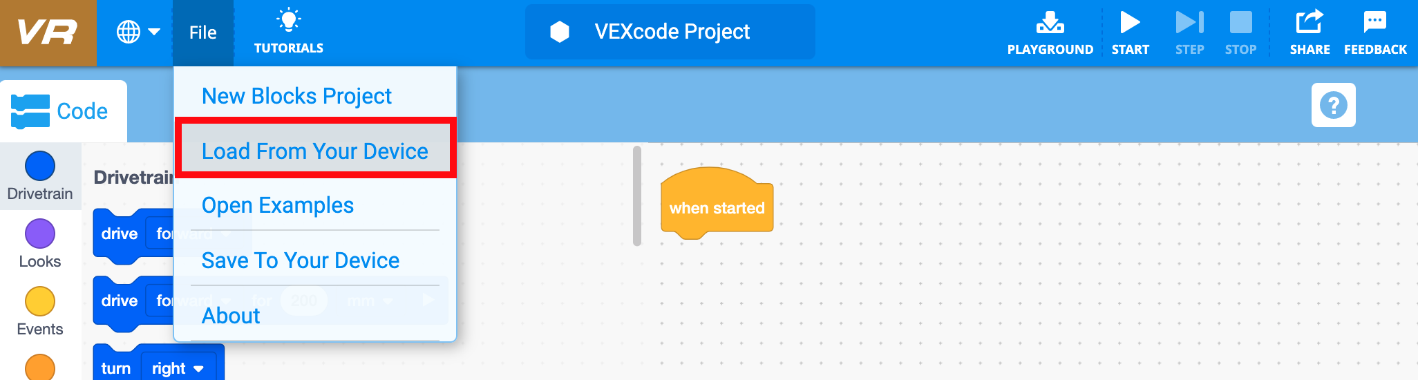 VEXcode VR ইন্টারফেসের স্ক্রিনশট লোড এবং সংরক্ষণ বৈশিষ্ট্য প্রদর্শন করে, ভার্চুয়াল রোবটগুলির সাথে কোডিং শিক্ষার জন্য ডিজাইন করা অনলাইন প্রোগ্রামিং পরিবেশে প্রকল্পগুলি সংরক্ষণ এবং লোড করার বিকল্পগুলি প্রদর্শন করে৷