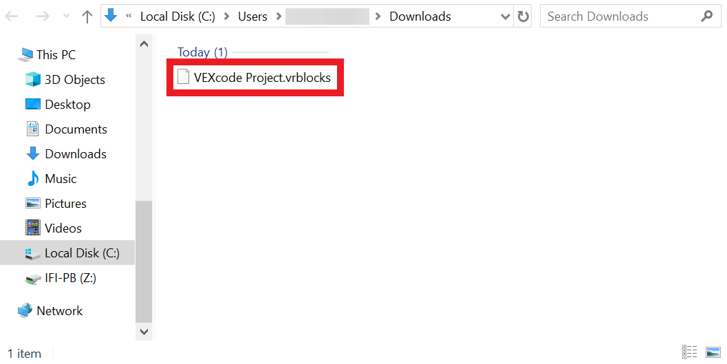 Gambar menunjukkan jendela penjelajah berkas dengan folder Unduhan terbuka. Satu file tunggal, VEXcode Project.vrblocks, disorot dan dikelilingi oleh kotak merah. Di sisi kiri, folder umum seperti PC Ini, Objek 3D, Desktop, Dokumen, Unduhan, dan Disk Lokal (C:) terlihat untuk navigasi. Bilah pencarian terletak di sudut kanan atas jendela, dan ada label yang menunjukkan berkas ditambahkan hari ini.
