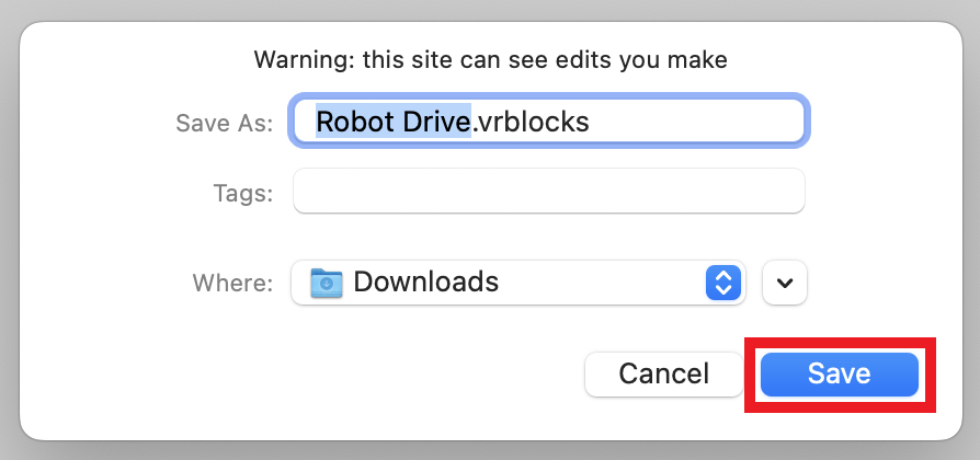Okno dialogowe zapisu pokazuje, że plik jest zapisywany jako Robot Drive.vrblocks. Plik jest ustawiony do zapisania w folderze Pobrane, a przycisk Zapisz jest podświetlony na niebiesko i obramowany na czerwono, co oznacza, że operacja jest gotowa do ukończenia. Dostępna jest również opcja dodawania tagów, która obecnie jest pusta. Przycisk Anuluj znajduje się obok przycisku Zapisz, dzięki czemu użytkownik może w razie potrzeby anulować operację zapisywania.