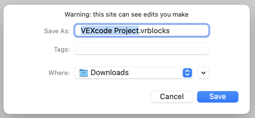 저장 대화 상자에서는 파일이 VEXcode Project.vrblocks로 저장된다는 것을 보여줍니다. 해당 파일은 다운로드 폴더에 저장되도록 설정되어 있으며, 저장 버튼이 파란색으로 강조 표시되어 작업을 완료할 준비가 되었음을 나타냅니다. 태그를 추가하는 옵션도 있지만, 현재는 비어 있습니다. 저장 버튼 옆에는 취소 버튼이 있으며, 이를 통해 사용자는 필요한 경우 저장 작업을 취소할 수 있습니다.