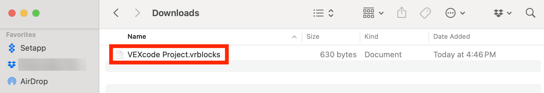 Uma janela do gerenciador de arquivos exibe a pasta Downloads com um arquivo chamado VEXcode Project.vrblocks destacado com um contorno laranja. O tamanho do arquivo é 630 bytes, categorizado como um documento. O arquivo foi adicionado hoje às 16h46. A barra lateral à esquerda mostra opções de navegação como Setapp, AirDrop e outros favoritos.