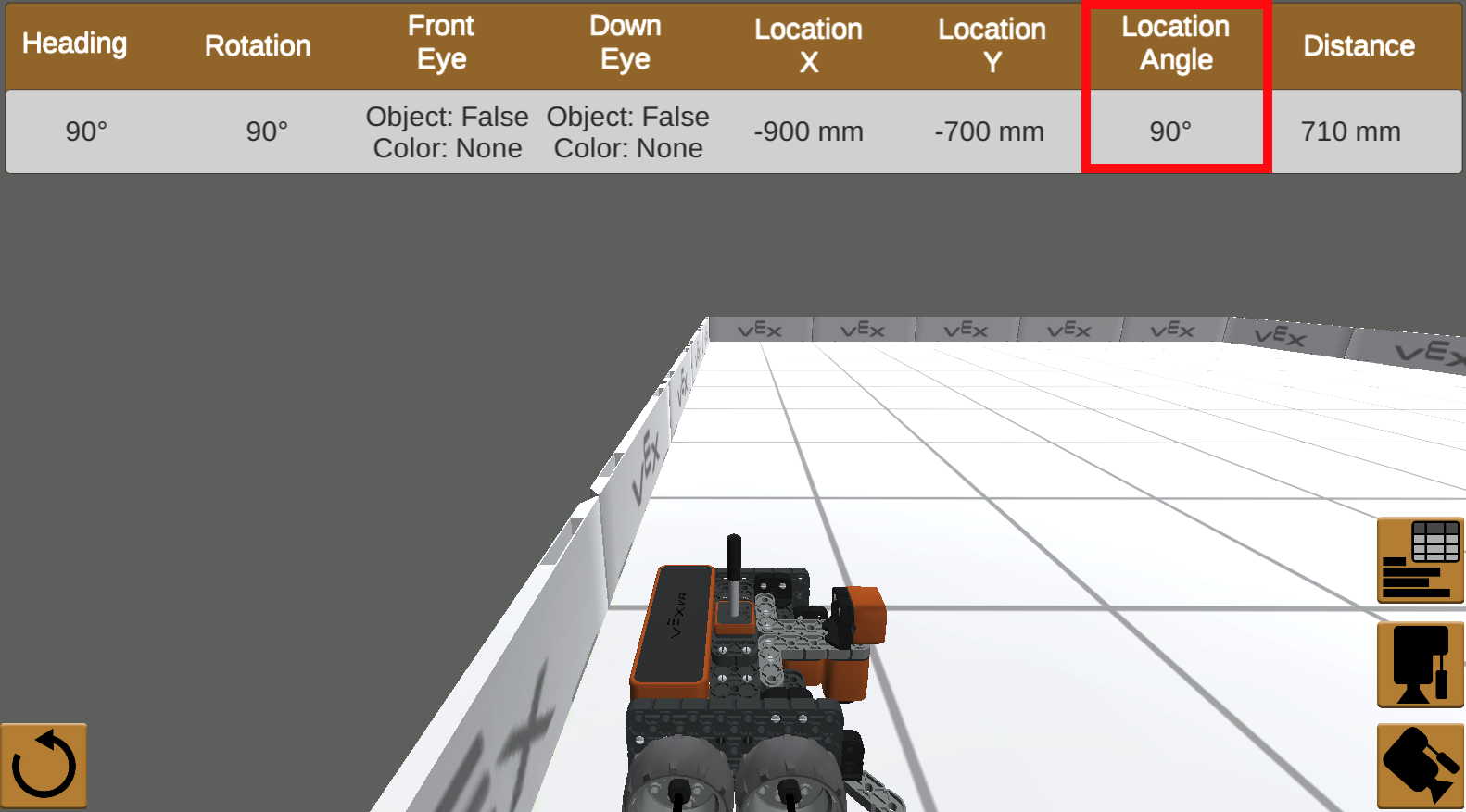 VEXcode VR prietaisų skydelio ekrano kopija, kurioje rodoma virtualaus roboto vieta ir kampo nustatymai, pabrėžiamos STEM mokymo programavimo ir modeliavimo funkcijos.