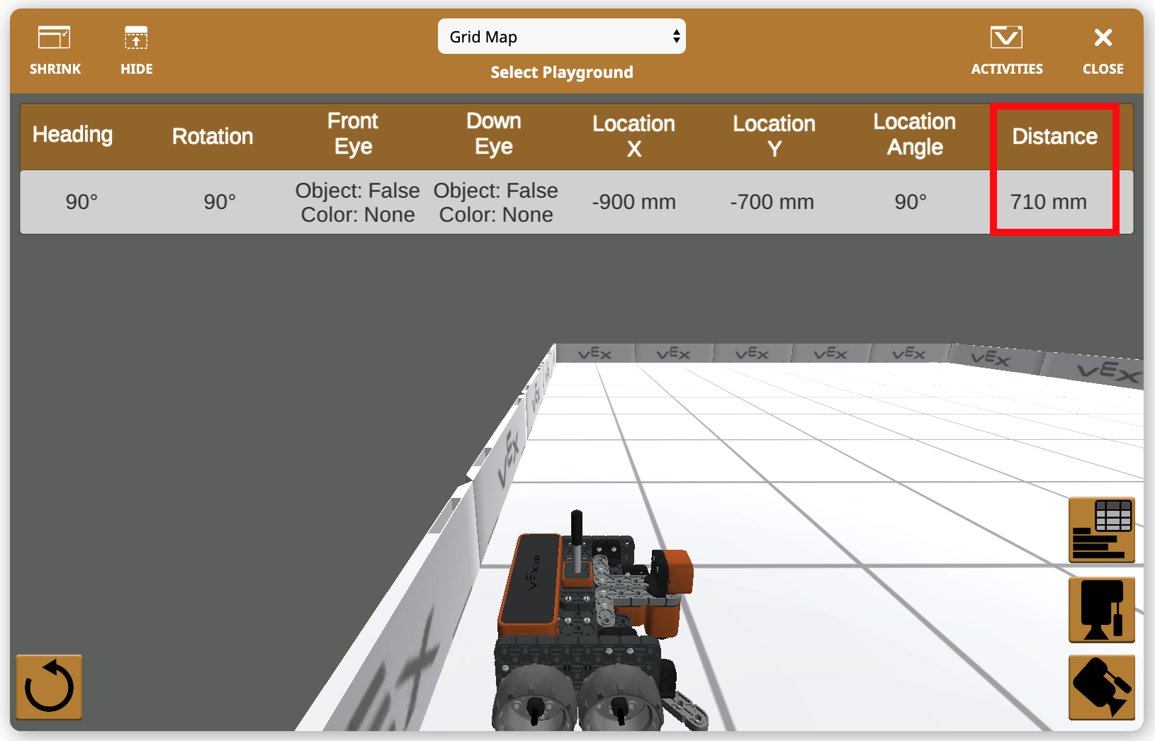 Screenshot van het VEXcode VR-dashboard met hulpmiddelen en functies voor afstandsmeting. Deze zijn ontworpen om gebruikers programmeerconcepten te leren via een virtuele robot in een onderwijsomgeving.