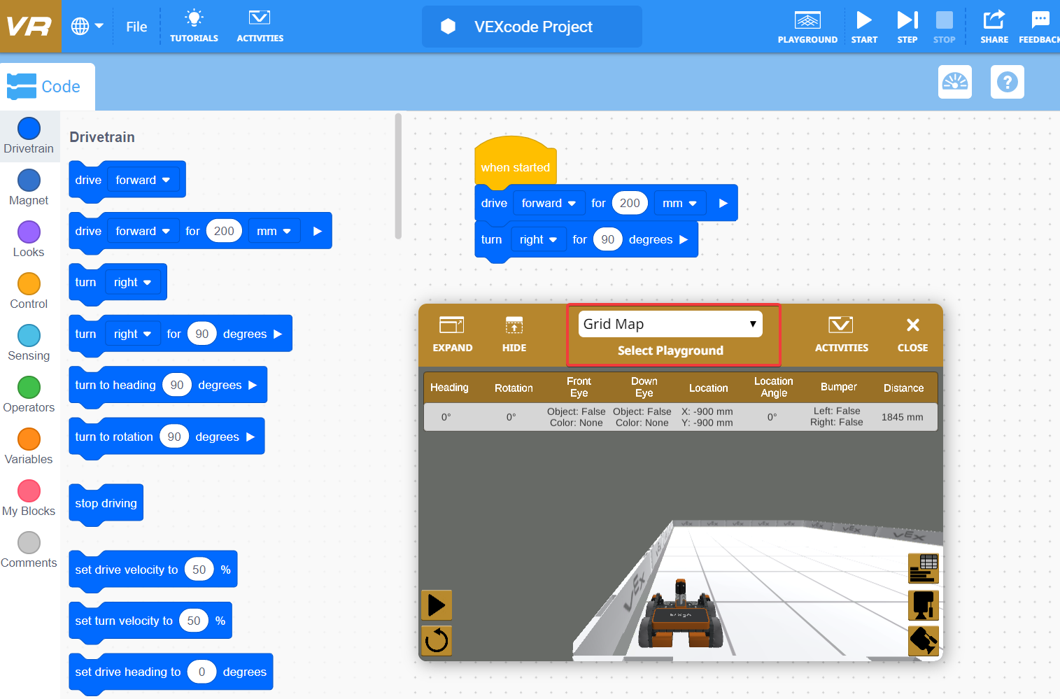 VEXcode VR प्लेग्राउंड इंटरफ़ेस का स्क्रीनशॉट, जिसमें वर्चुअल रोबोट को प्रोग्राम करने के लिए उपयोगकर्ताओं के लिए उपलब्ध विभिन्न कोडिंग ब्लॉक और टूल प्रदर्शित किए गए हैं, तथा कोडिंग शिक्षा और STEM सीखने में सहायता करने वाली विशेषताओं पर प्रकाश डाला गया है।