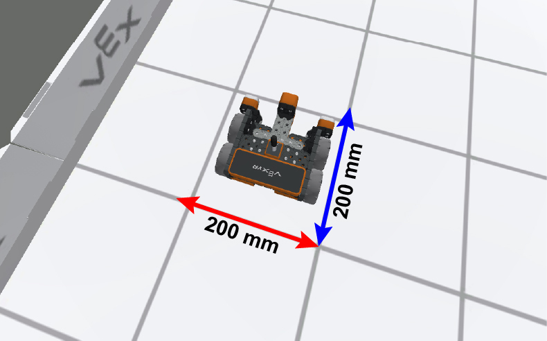 VEXcode VR virtuālais robots, kas novietots uz 200 mm režģa, demonstrējot programmēšanas vides funkcijas kodēšanai un robotikas izglītībai simulētā vidē.