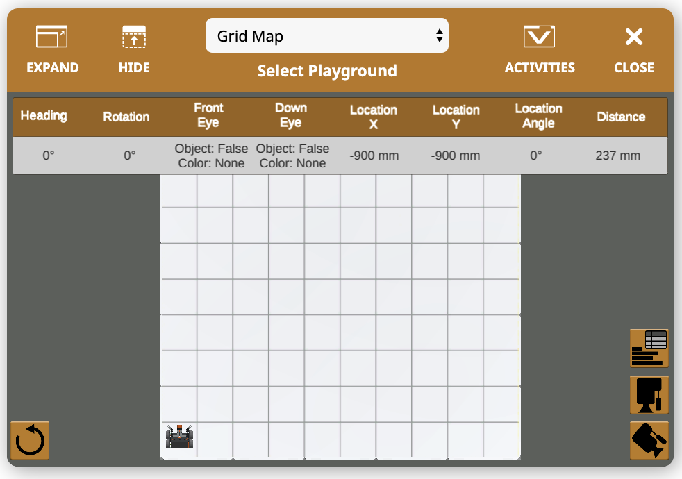 Vue de dessus d'un robot virtuel dans VEXcode VR, présentant l'interface de programmation et les fonctionnalités de jeu conçues pour l'enseignement du codage et les principes de la robotique.