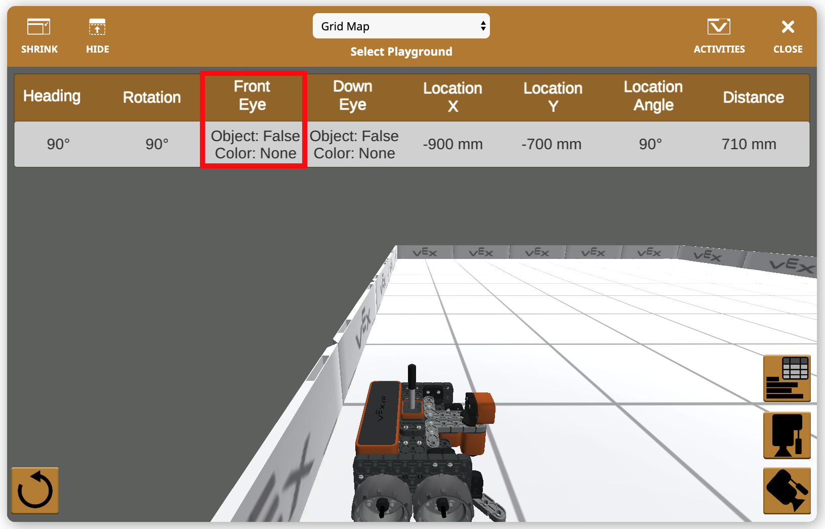 Schermafbeelding van het VEXcode VR-dashboard met de functies van de speeltuin, waaronder een virtuele robotinterface en codeeropties waarmee gebruikers programma's kunnen maken en testen in een gesimuleerde omgeving.