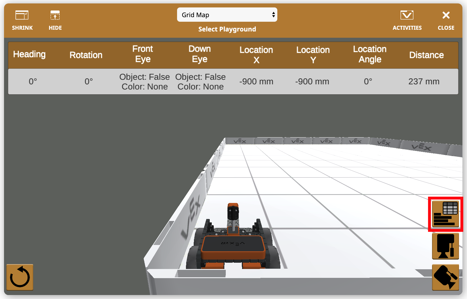 Visualizzazione ampliata del pulsante Dashboard in VEXcode VR, che illustra le funzionalità per la codifica e la programmazione di un robot virtuale, evidenziando l'interfaccia intuitiva della piattaforma sia per i principianti che per gli utenti avanzati nell'istruzione STEM.