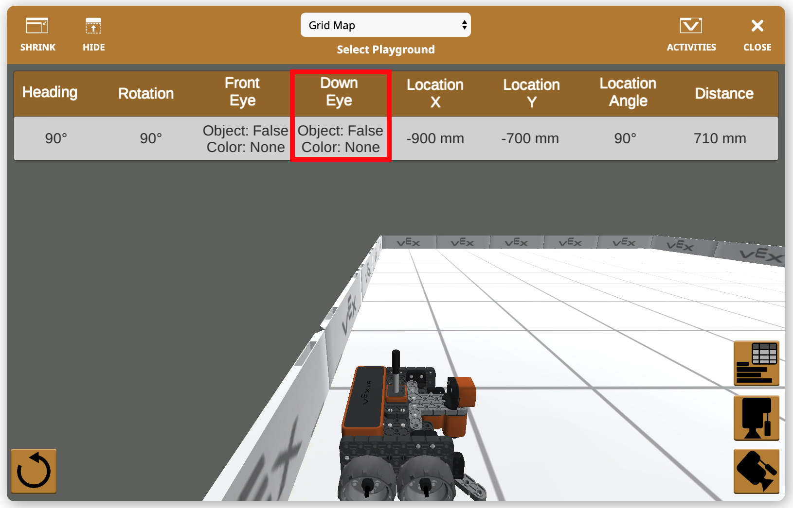 Zrzut ekranu pulpitu nawigacyjnego VEXcode VR przedstawiający funkcję Down Eye, część sekcji Funkcje placu zabaw, ilustrującą środowisko programistyczne do kodowania wirtualnych robotów i cele edukacyjne w dziedzinie nauk ścisłych, technologii, inżynierii i matematyki (STEM).