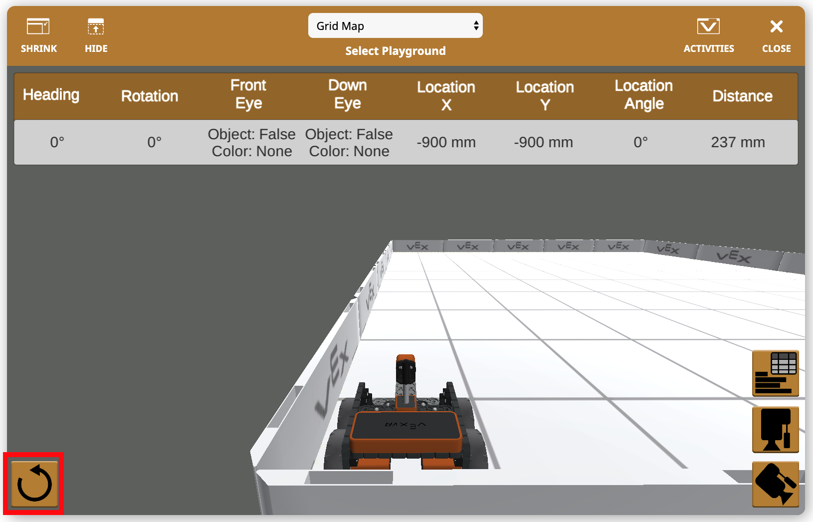 VEXcode VR için sıfırlama düğmesi simgesi, programlama ortamında sanal robot simülasyonunu yeniden başlatmak için kullanılır ve kodlama ve hata ayıklama faaliyetlerinde kullanıcı deneyimini iyileştirir.