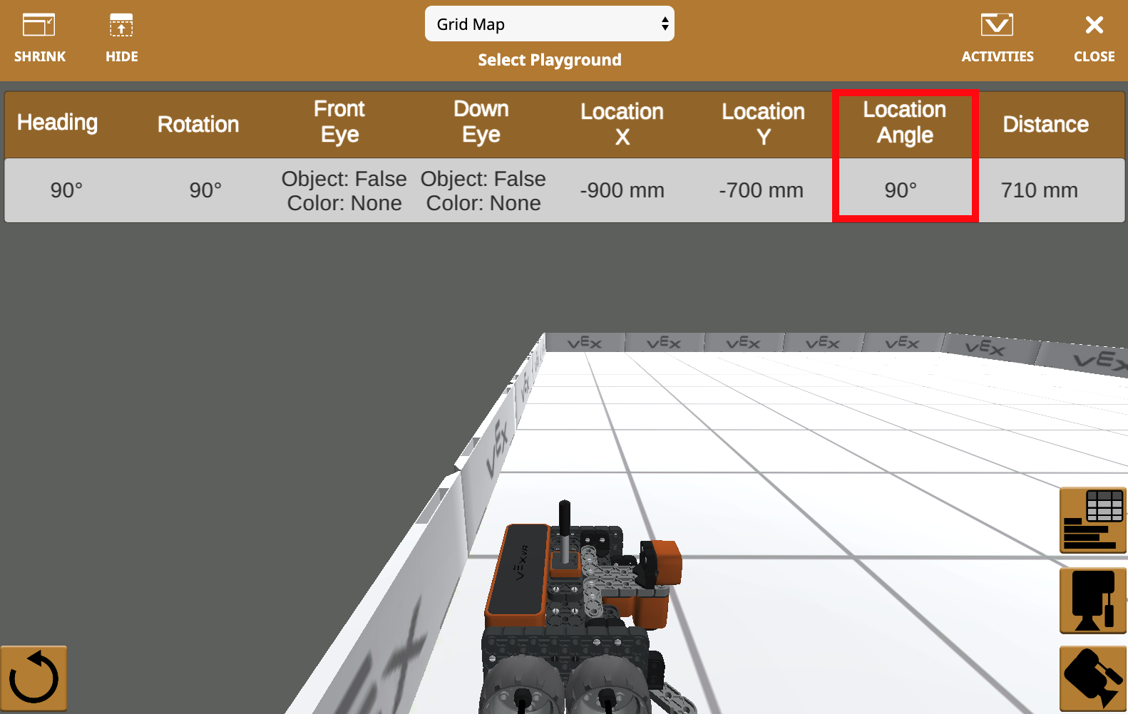 Capture d'écran du tableau de bord VEXcode VR montrant les paramètres d'emplacement et d'angle pour la programmation d'un robot virtuel, mettant en évidence les fonctionnalités de codage et de simulation dans un environnement éducatif.