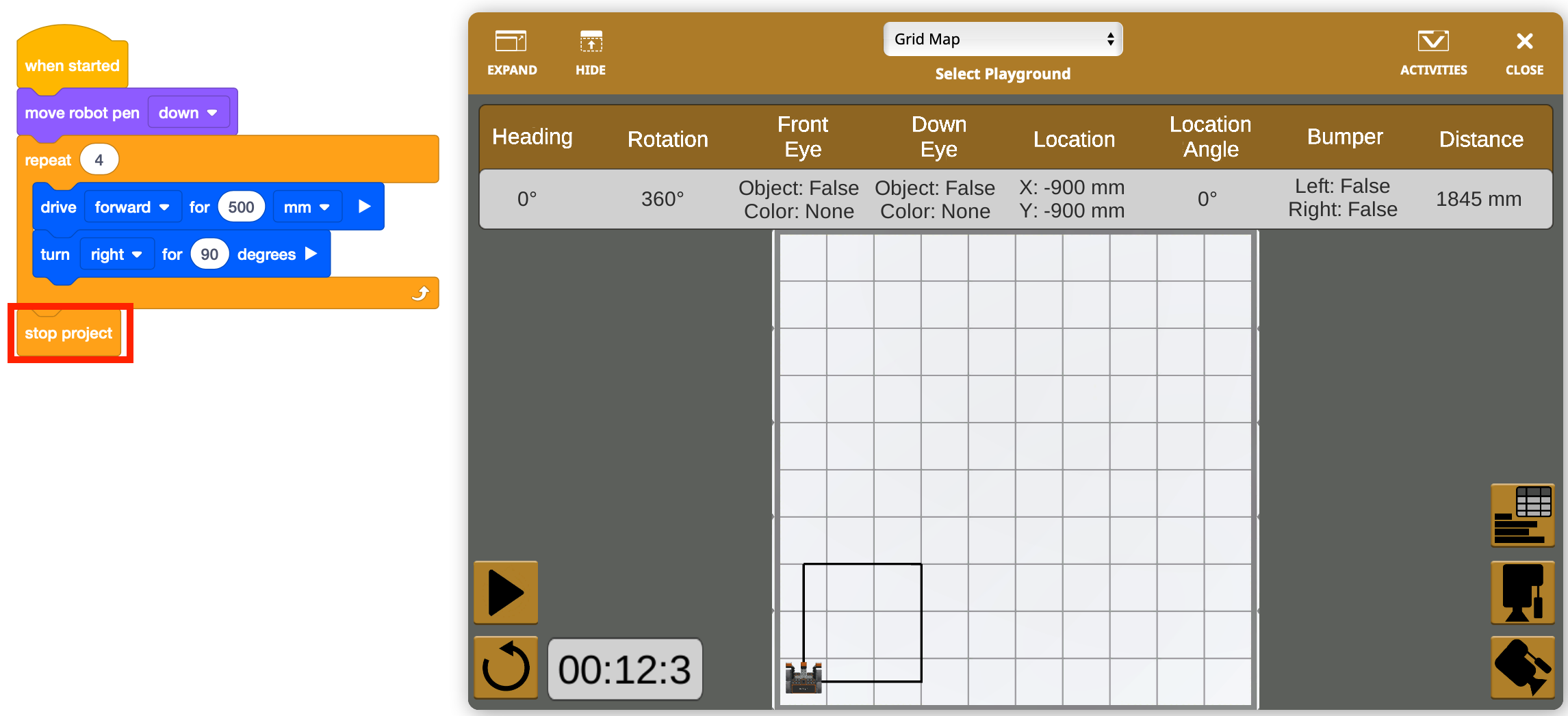 Screenshot van de VEXcode VR-interface met een 'Stop Project'-blok. Dit illustreert de op blokken gebaseerde coderingsfunctie die is ontworpen voor beginners in een virtuele programmeeromgeving voor robotica-onderwijs.