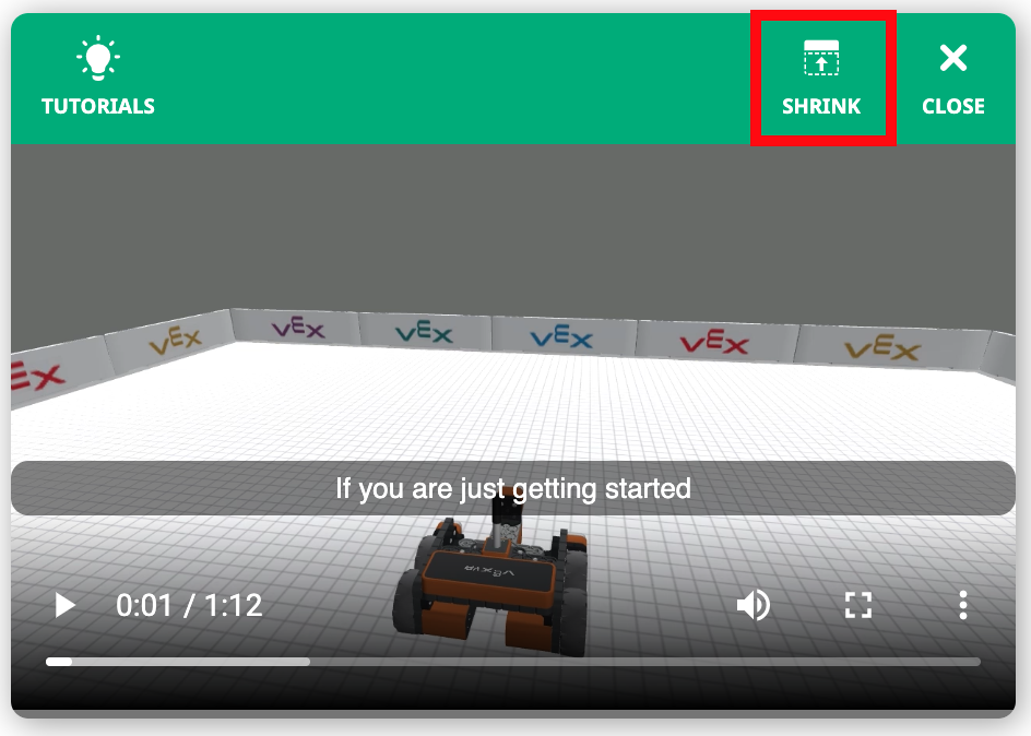 Screenshot di un tutorial VEXcode VR che mostra i passaggi per ridurre le dimensioni di un robot virtuale, illustrando l'interfaccia di codifica basata su blocchi e le opzioni di programmazione per gli utenti che apprendono concetti di codifica in un ambiente simulato.