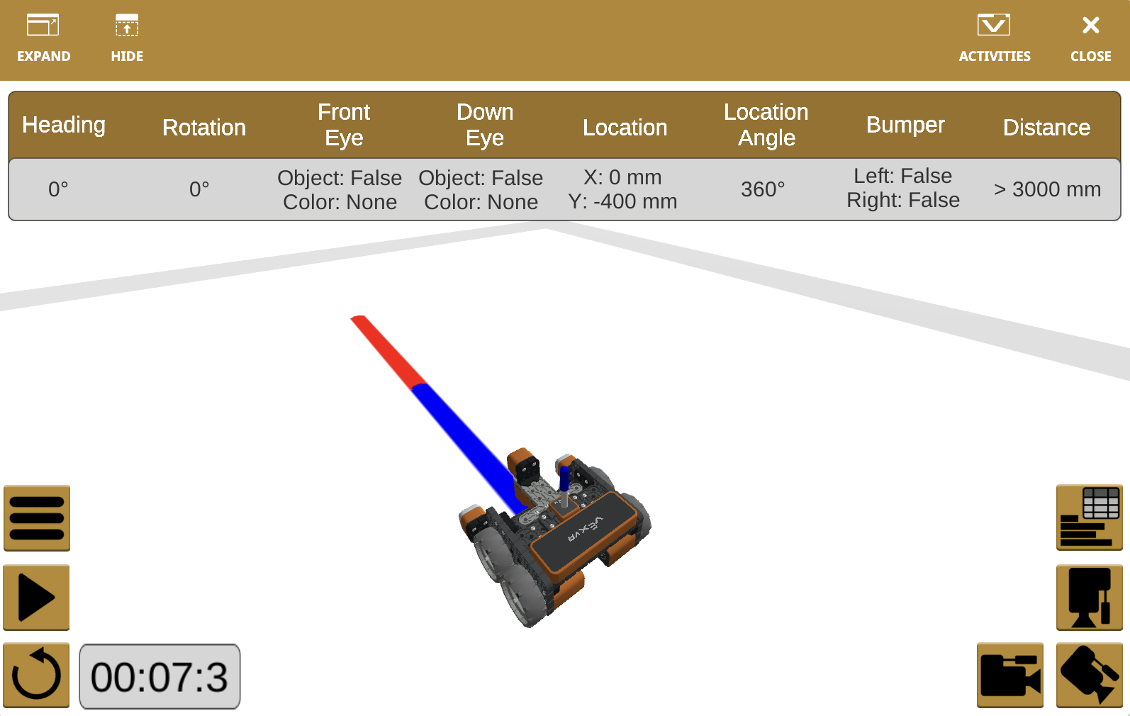 Screenshot der VEXcode VR-Schnittstelle, die Roboterfunktionen zeigt, darunter blockbasierte Codierungselemente und eine virtuelle Robotersimulation, die für Bildungszwecke in den Bereichen Programmierung und Robotik entwickelt wurde.