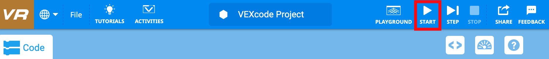 Captura de tela da barra de ferramentas do VEXcode VR, mostrando várias ferramentas de programação e opções disponíveis para usuários no ambiente de codificação online, projetado para aprender conceitos de codificação por meio de um robô virtual.