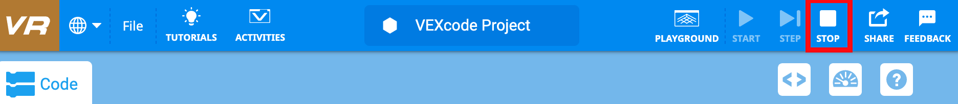 Знімок екрана кнопки «Зупинити» на панелі інструментів VEXcode VR, яка використовується для зупинки виконання коду у віртуальному середовищі програмування, призначеному для навчання концепціям кодування та принципам робототехніки.