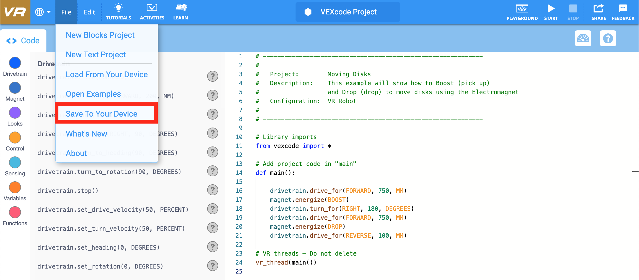 Texto gráfico dizendo "Salve o projeto" em negrito, enfatizando a importância de salvar o trabalho no VEXcode VR, um ambiente de programação online para aprender conceitos de codificação por meio de robótica virtual.
